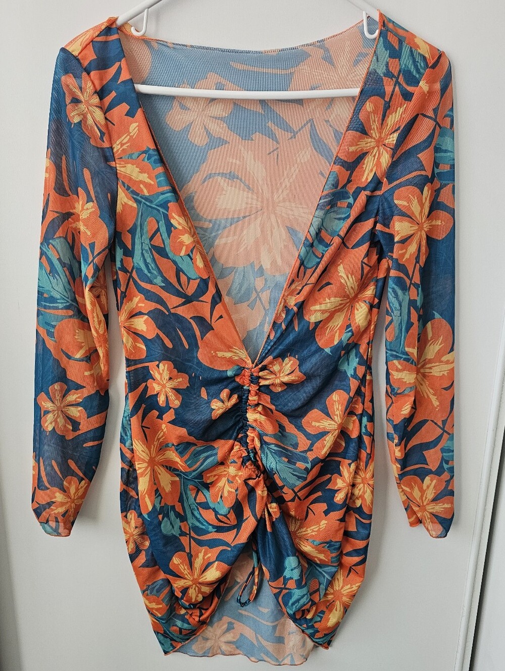 Tropical Floral Print Long Sleeve Sheer Orange Bathing Suit Cover Up Size Medium
